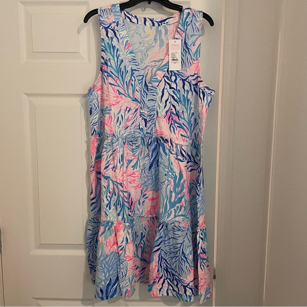 XL NWT Lilly Pulitzer Lorina Swing Dress in Crew Blue Tint Kaleidoscope Coral